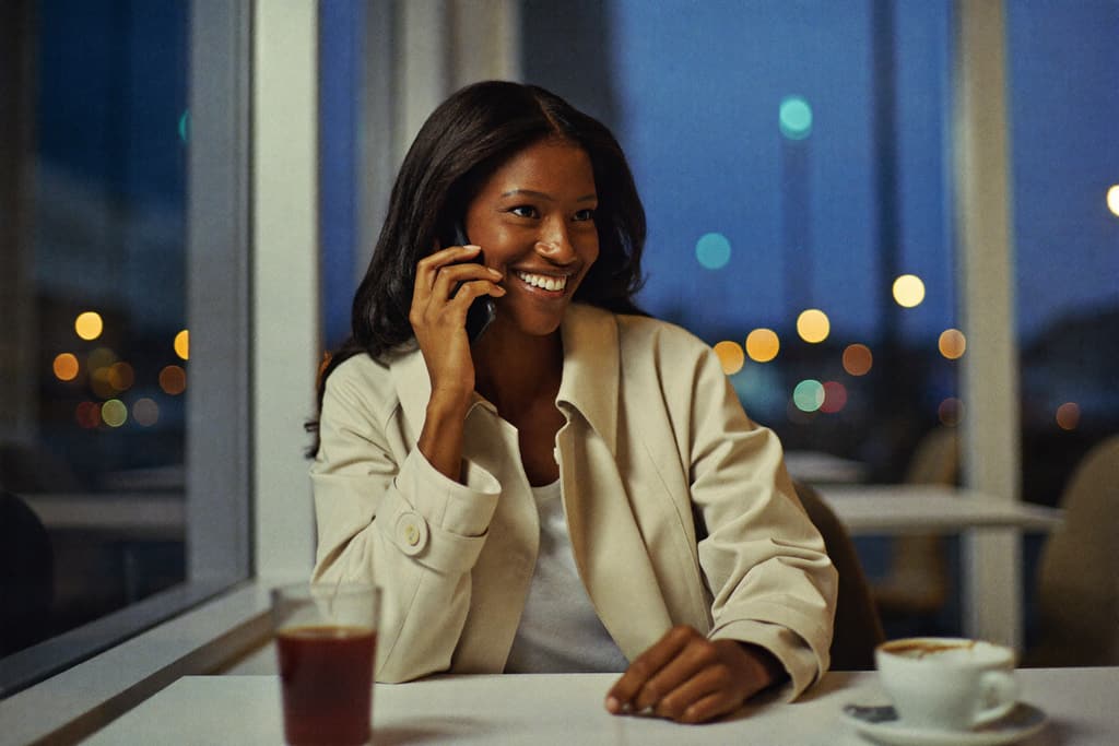 A woman smiles while making a phone call from a café at dusk.