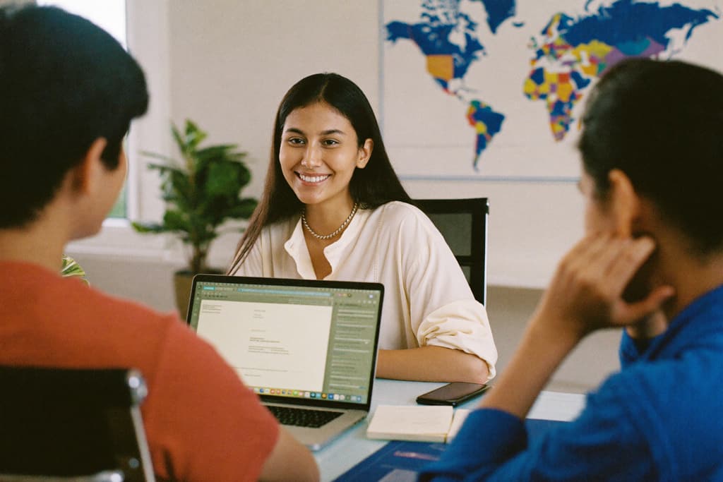 A study-abroad counsellor talks with two students across a desk.