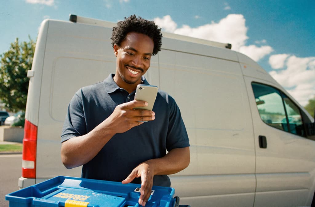 A tradesman smiles at his phone beside his van, toolbox in hand.